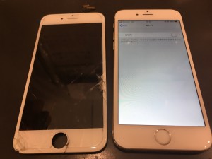 iPhone6のホワイトで画面割れ修理画像