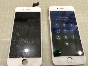 アイフォン6sとガラスが割れたパネル